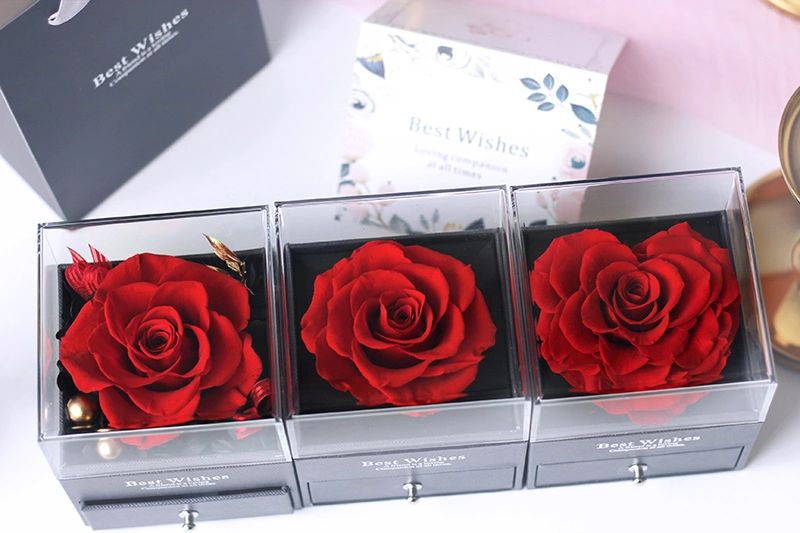 Christmas Decoration Preserved Roses Flowers in Acrylic Box Creative Gifts for Valentines Day