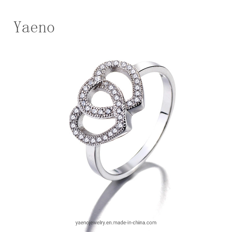 Simple Fresh Fashion Silver Double Heart Ring Valentine′ S Day Gift