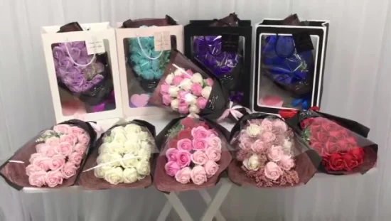 Amazon Valentine's Day Bear 7PCS Jabón de flores artificiales Ramo de flores rosas Regalo para boda